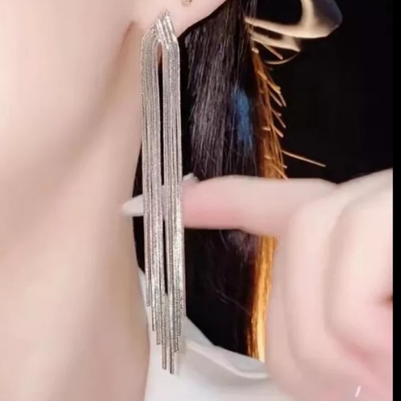 Long Silver Tassel Earrings - Picture 2 of 3